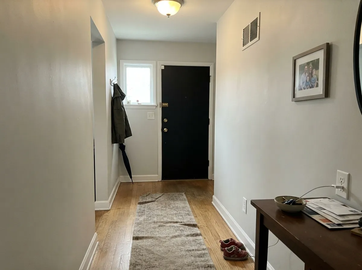 The classic Farrow & Ball handoff: Strong White walls, a brighter trim white, one near-black door.