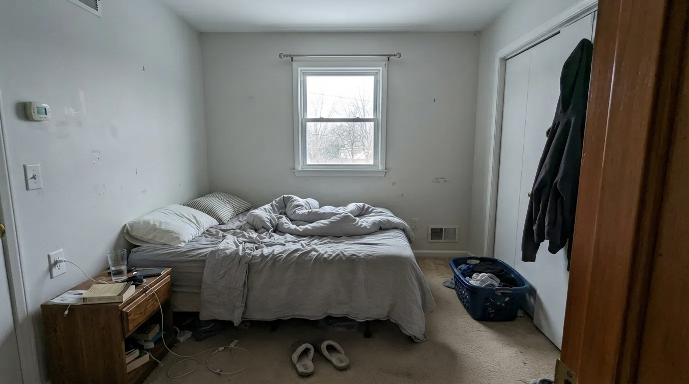 The honest shot: dim north light with no warm lamps, and the grey base goes flat and cold — the situation behind most disappointed reviews.
