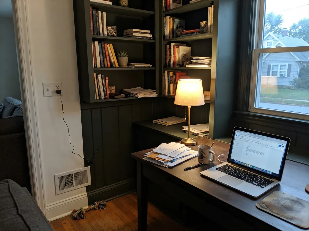 On built-ins with a warm desk lamp doing the work, it reads studious and deliberate, not gloomy.