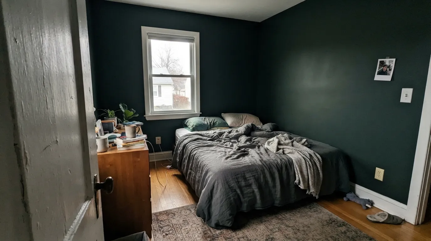 The honest shot: four walls in weak north light over honey oak, and the room genuinely looks like it lost its windows.