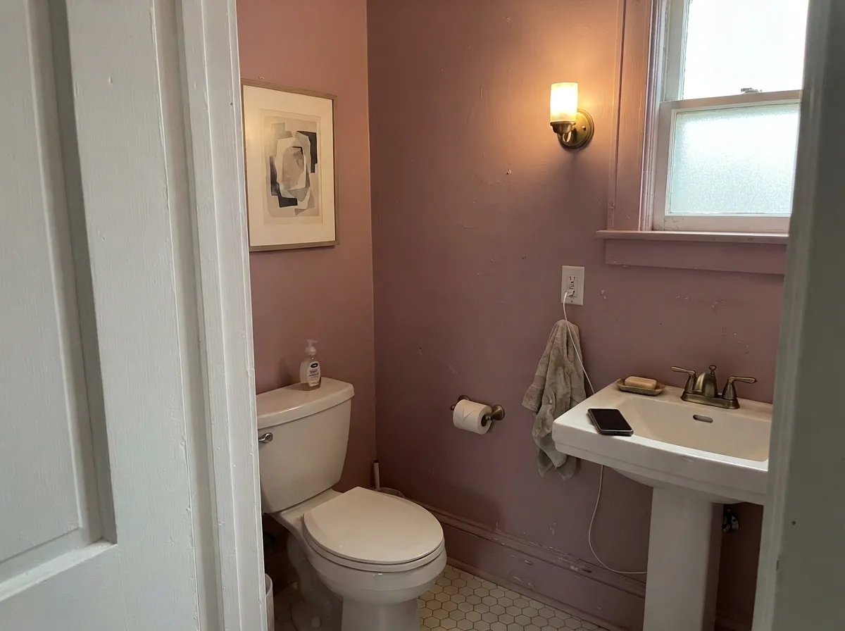The designer use: a color-drenched powder room where the rose stays, because the lamp is on.