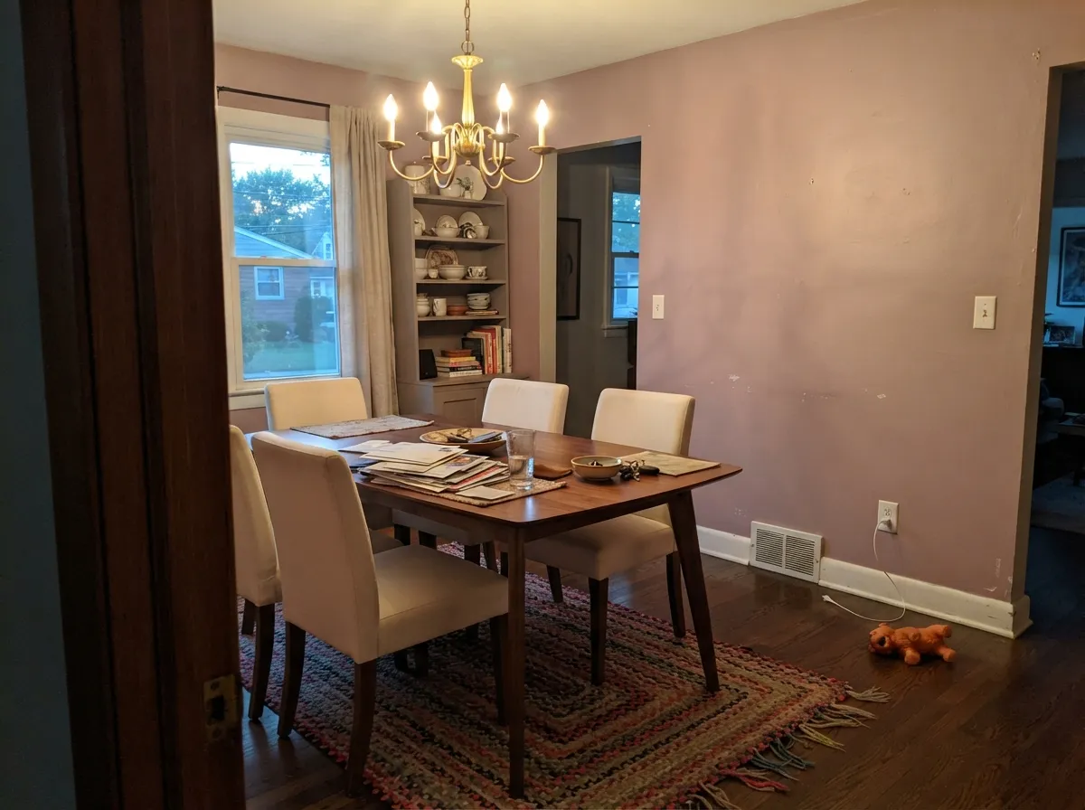 In a lamplit dining room the brown comes forward just enough to keep the pink from going pretty — this is its grown-up read.