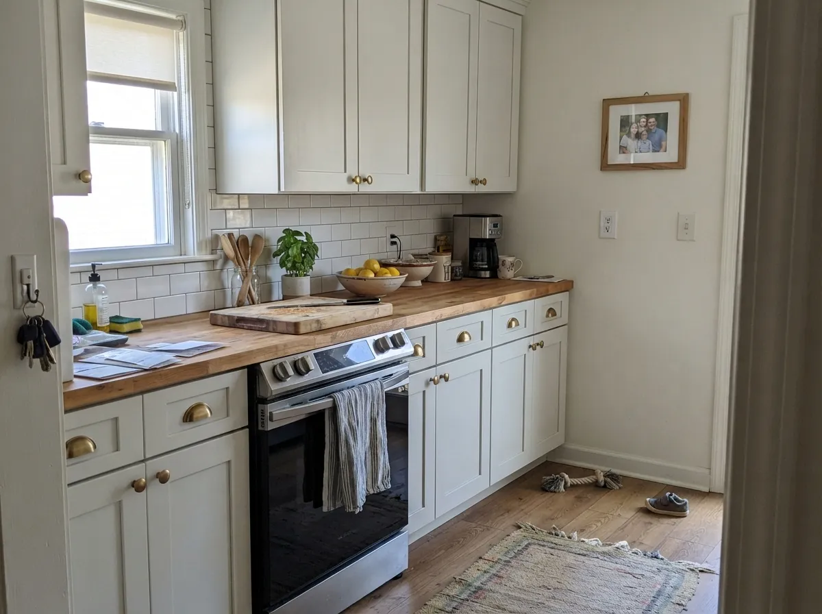On cabinets, with brass hardware and warm butcher block, Wevet reads soft and considered rather than flat — its most common real-world job.
