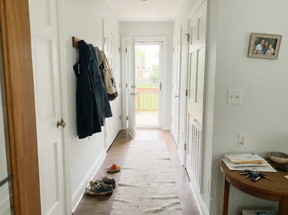 In a connecting hallway, Wevet's lack of strong undertone is the whole point — it doesn't argue with whatever color is behind each door.