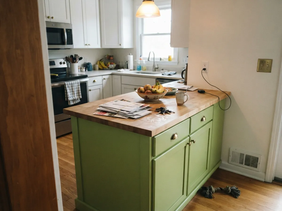 On an island next to butcher block and brass, the green warms up and hides fingerprints better than a pale sage would.