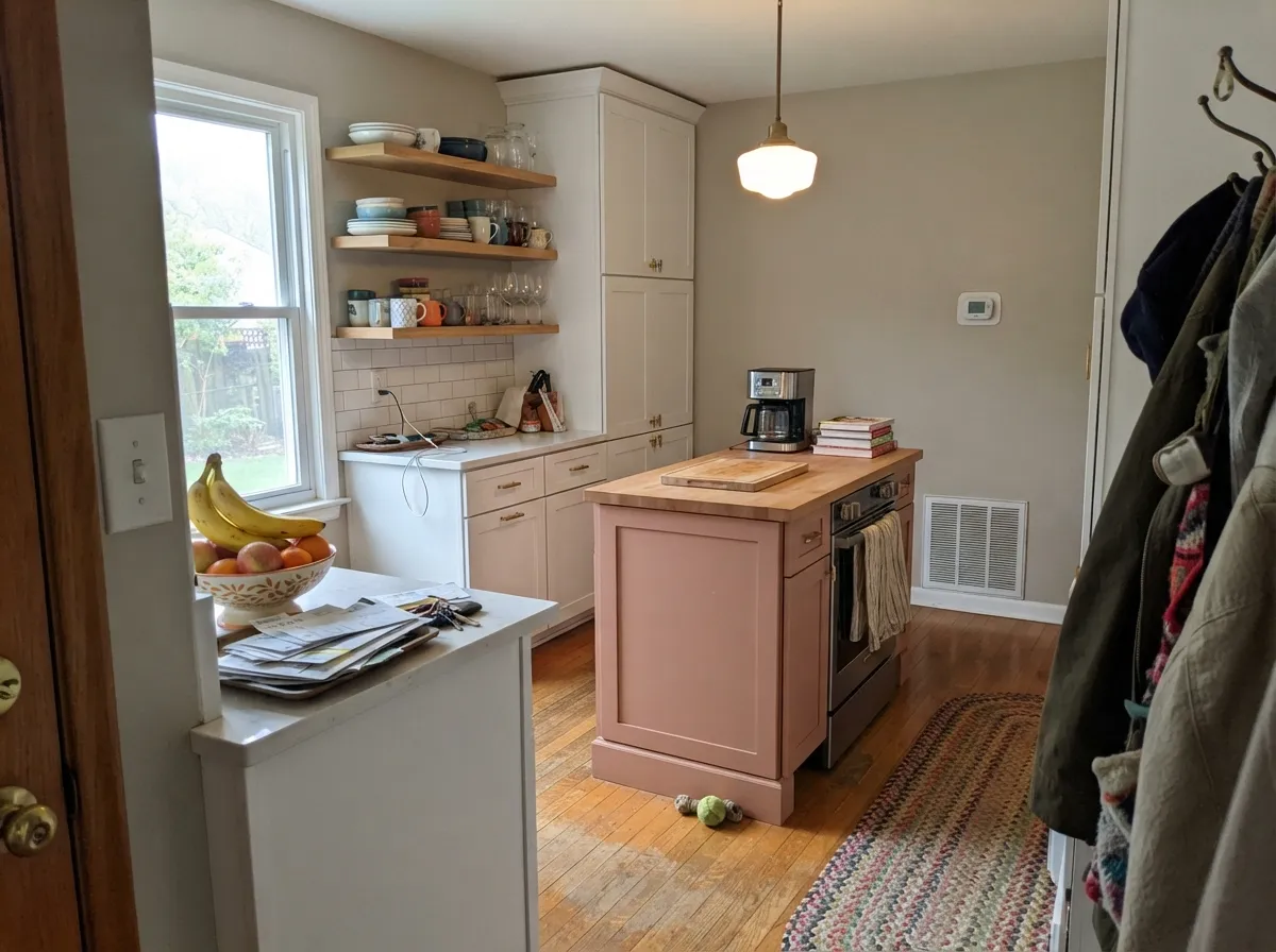 One island in Fortune's Prize against white perimeter cabinets — enough color to be a statement, not a whole-kitchen bet.