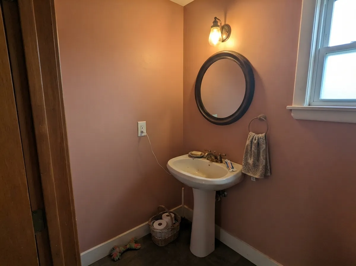 In a small, warmly lit powder room the clay-pink reads custom and confident — Fortune's Prize's best small-room job.