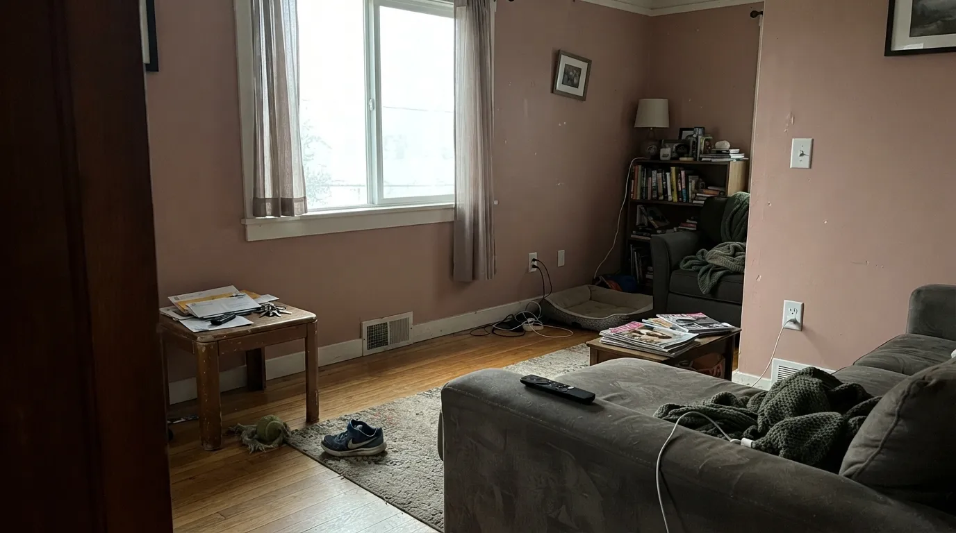 The honest shot: north light and honey-oak floors together, no warm light to bring out the terracotta. This is the situation behind every "it looked muddy" complaint.