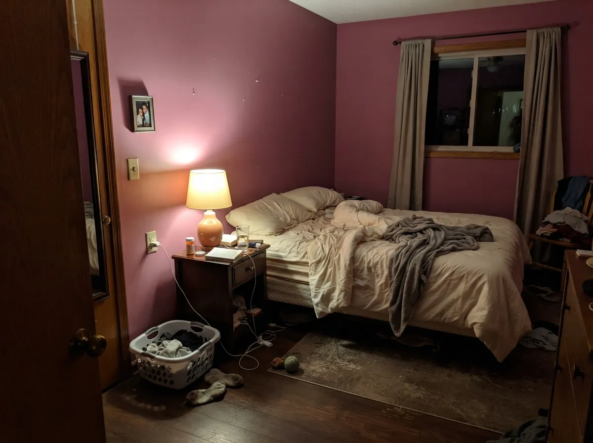 In a lamplit bedroom the dusty magenta turns velvety rose — the version that actually sleeps well.
