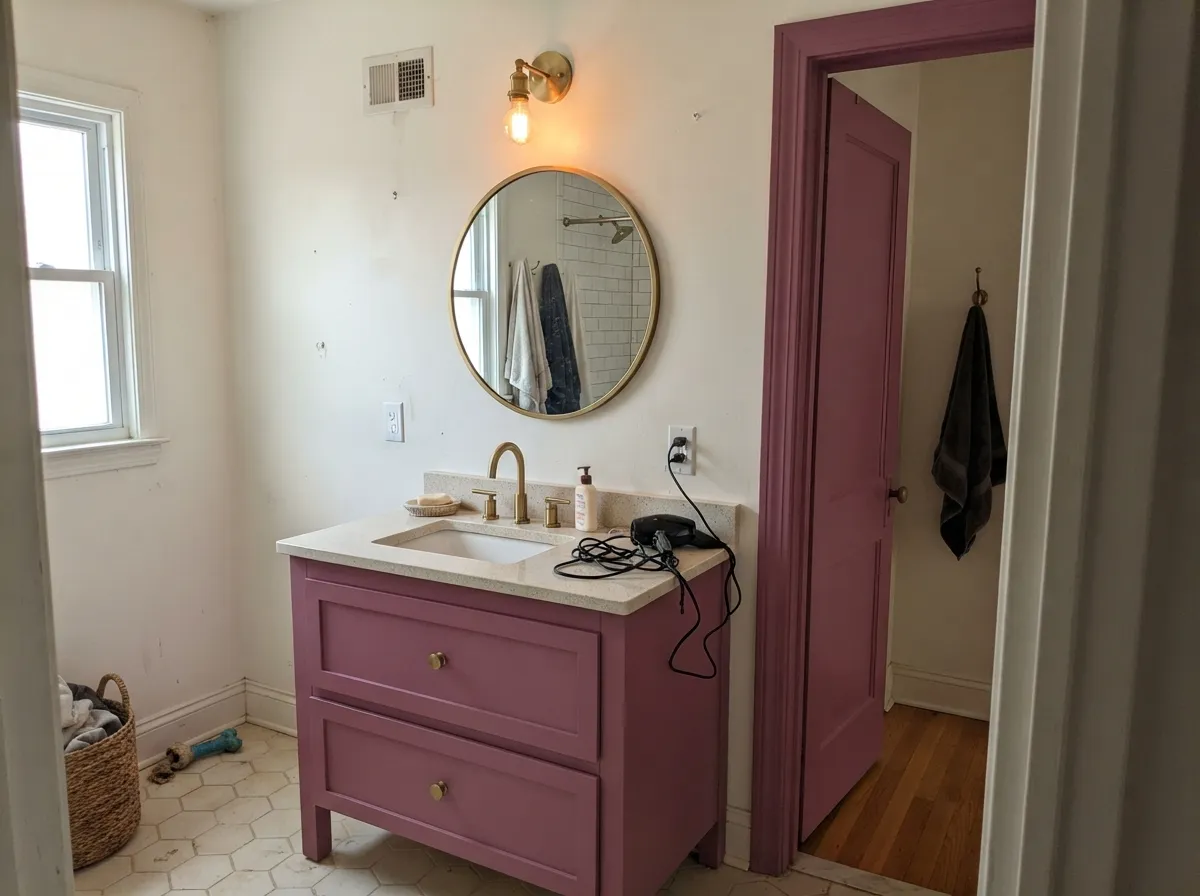 The contained dose: satin Fuscia Fizz on a vanity and door, so the magenta reads custom without taking four walls.
