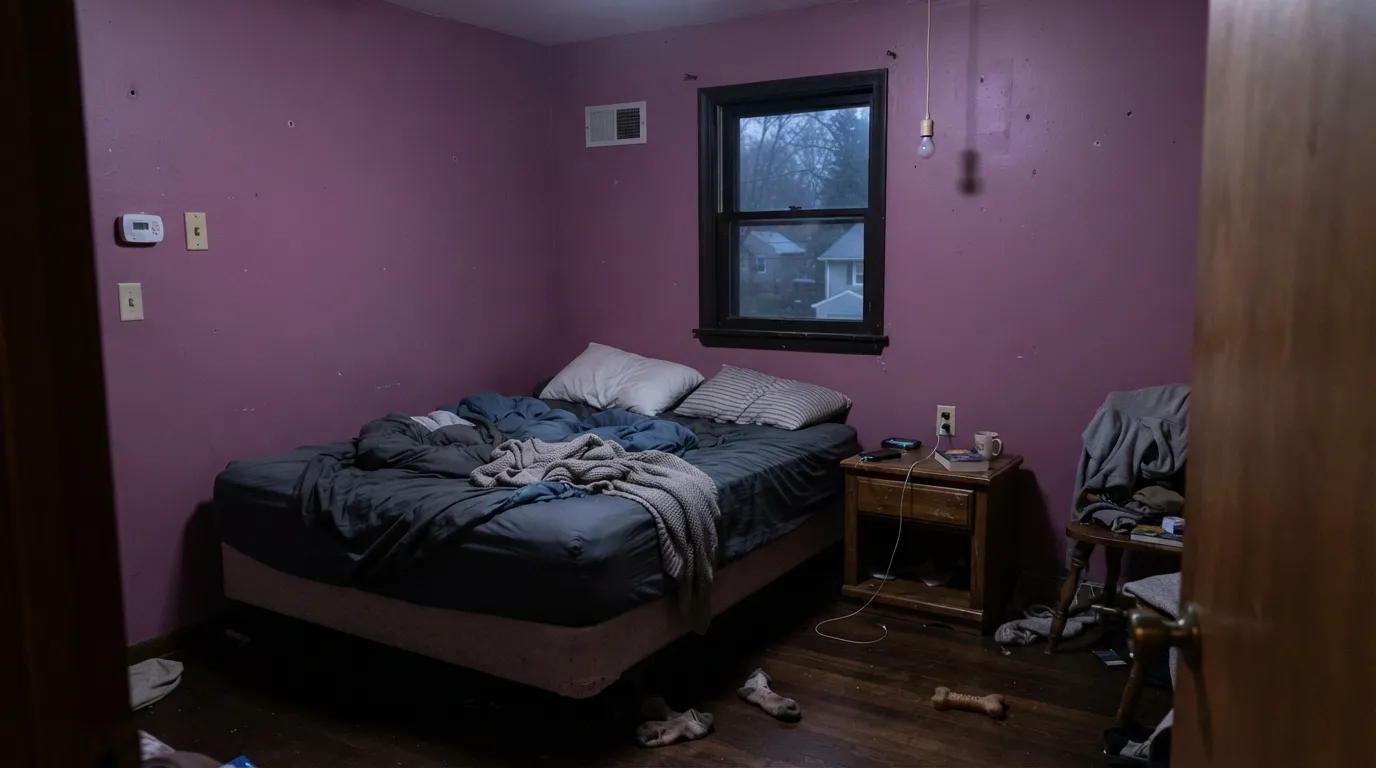 The honest shot: cool north light with no lamps strips the pink and leaves bruise-violet — the version that makes people repaint.