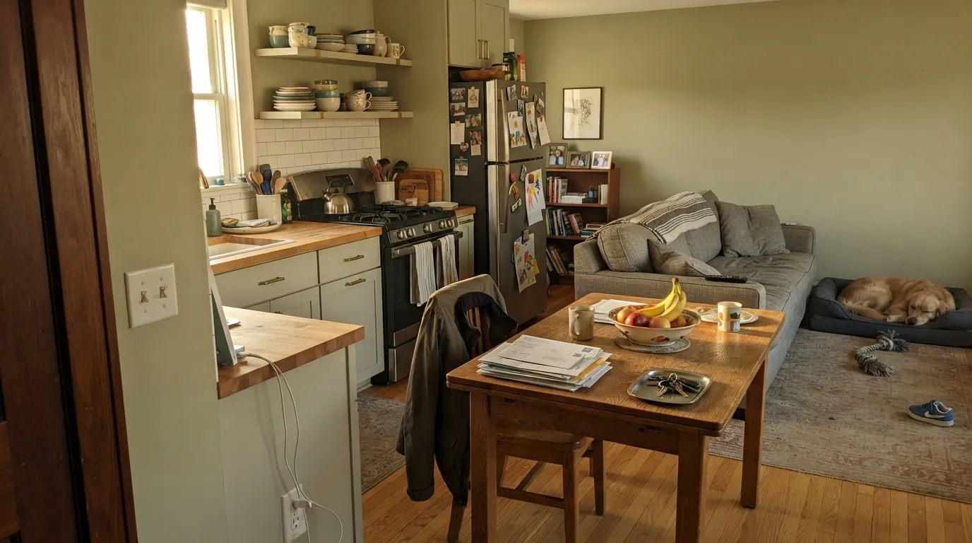 Home Body in the light it wants — warm afternoon sun brings the green forward against brass and butcher block, and the room feels settled, not decorated.