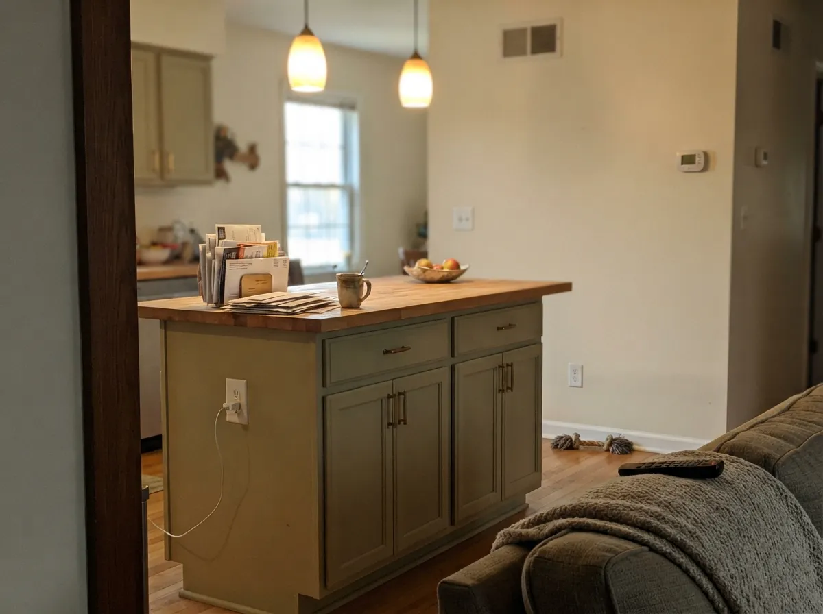 The color's best job: cabinets against cream walls and brass hardware read considered, not accidental.