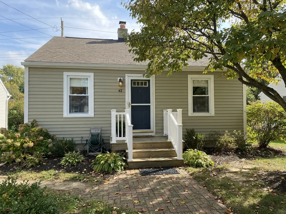 Outdoors, full sun clarifies the green and the navy door gives the facade the one dark note it needs to look deliberate.