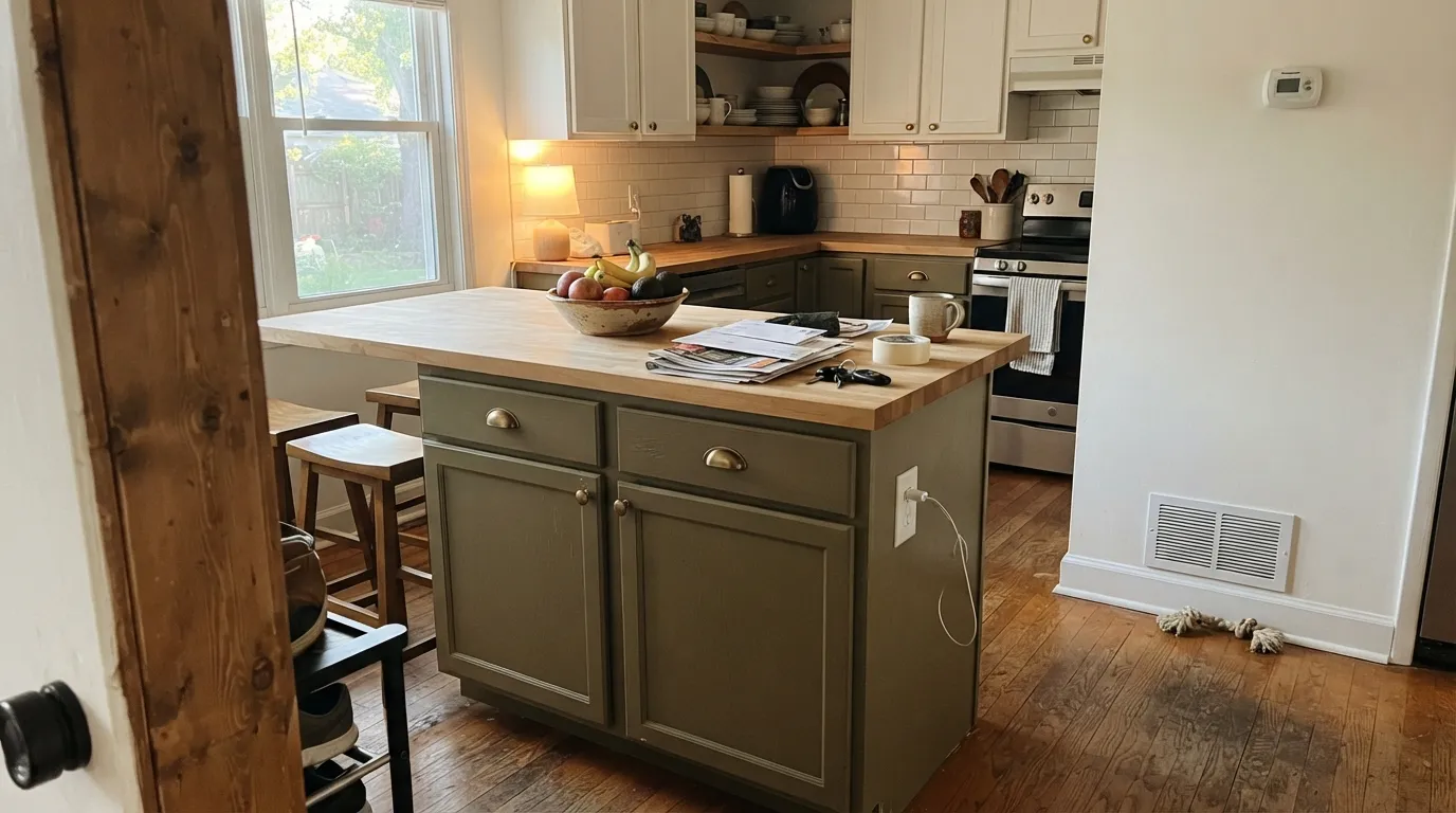 Olive Grove on the island, White Dove on the walls — the combination Magnolia built this color for. Warm light keeps it reading green, not muddy.