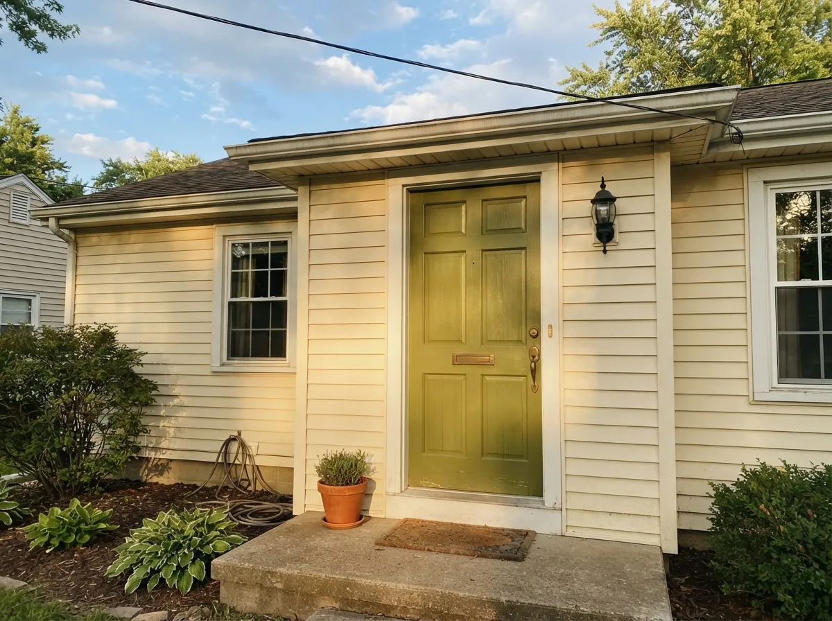 Full sun and cream siding read Olive Grove as a confident, grounded color — its second-best job after cabinets.