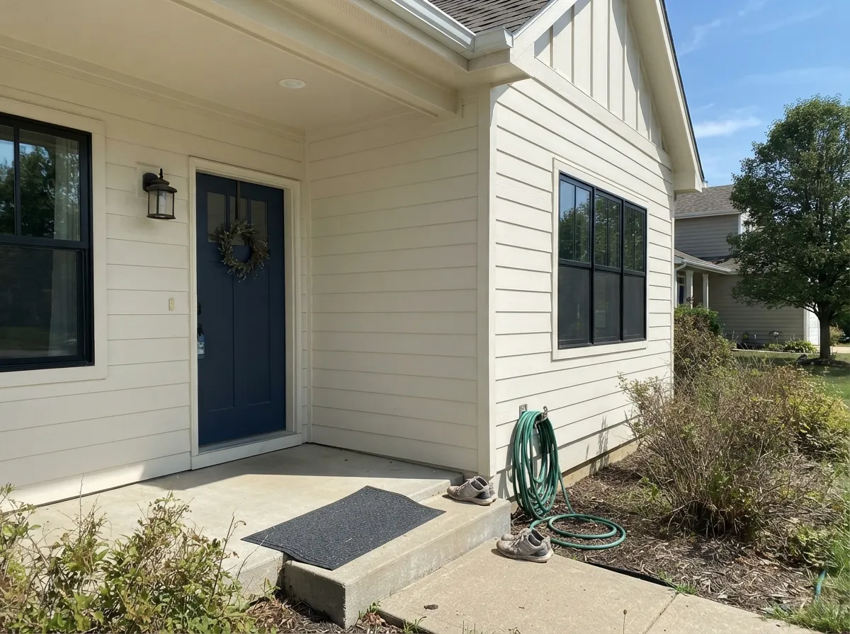 On siding, under real sun, with black windows and a navy door — the modern-farmhouse combination it's marketed for.
