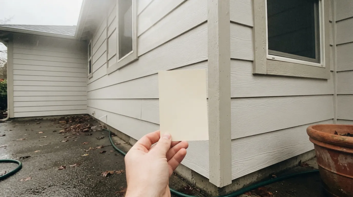 The honest shot: under flat overcast light, next to a warmer cream sample, the faint green a real renovator flagged becomes visible — the exact reason to test big before painting a whole exterior.