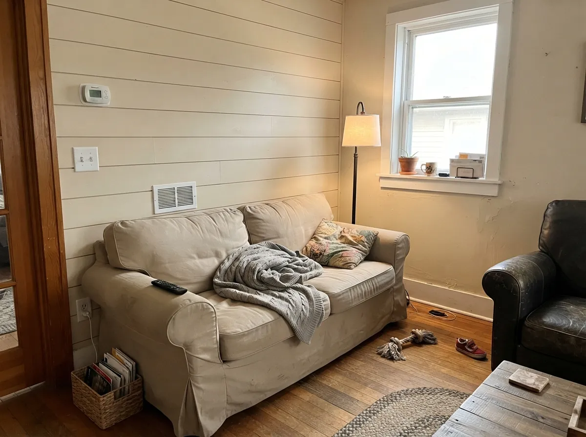 Painted onto real shiplap boards, the color reads exactly like the farmhouse rooms that made it famous — warm and a little weathered, not stark white.