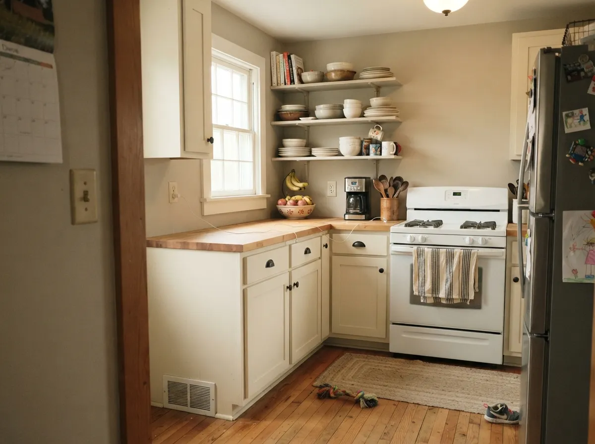 The other job it does well: cabinets, iron hardware, butcher block — the crossover look Magnolia's kitchens are known for.