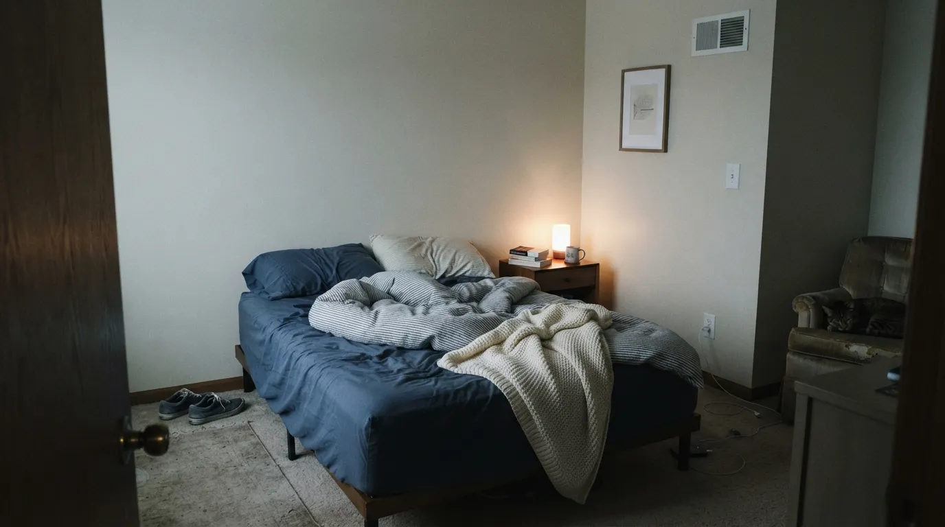 The honest shot: in cool, dim light Silos White drifts toward the greige some owners report — 'looks more grey than beige' is the exact complaint this scene stages.