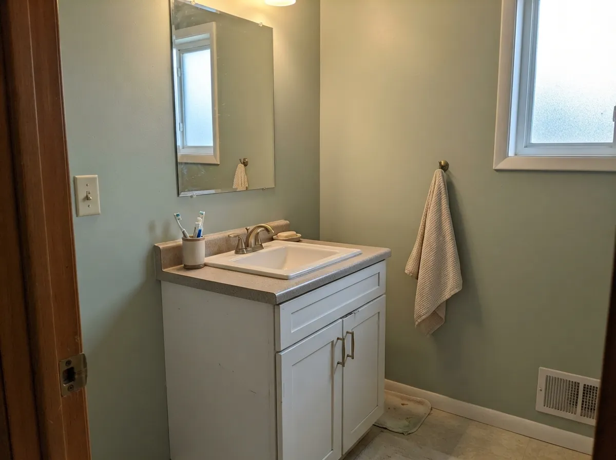 The designer move in miniature: a True White vanity against a colored wall, brass pulls, real daylight.