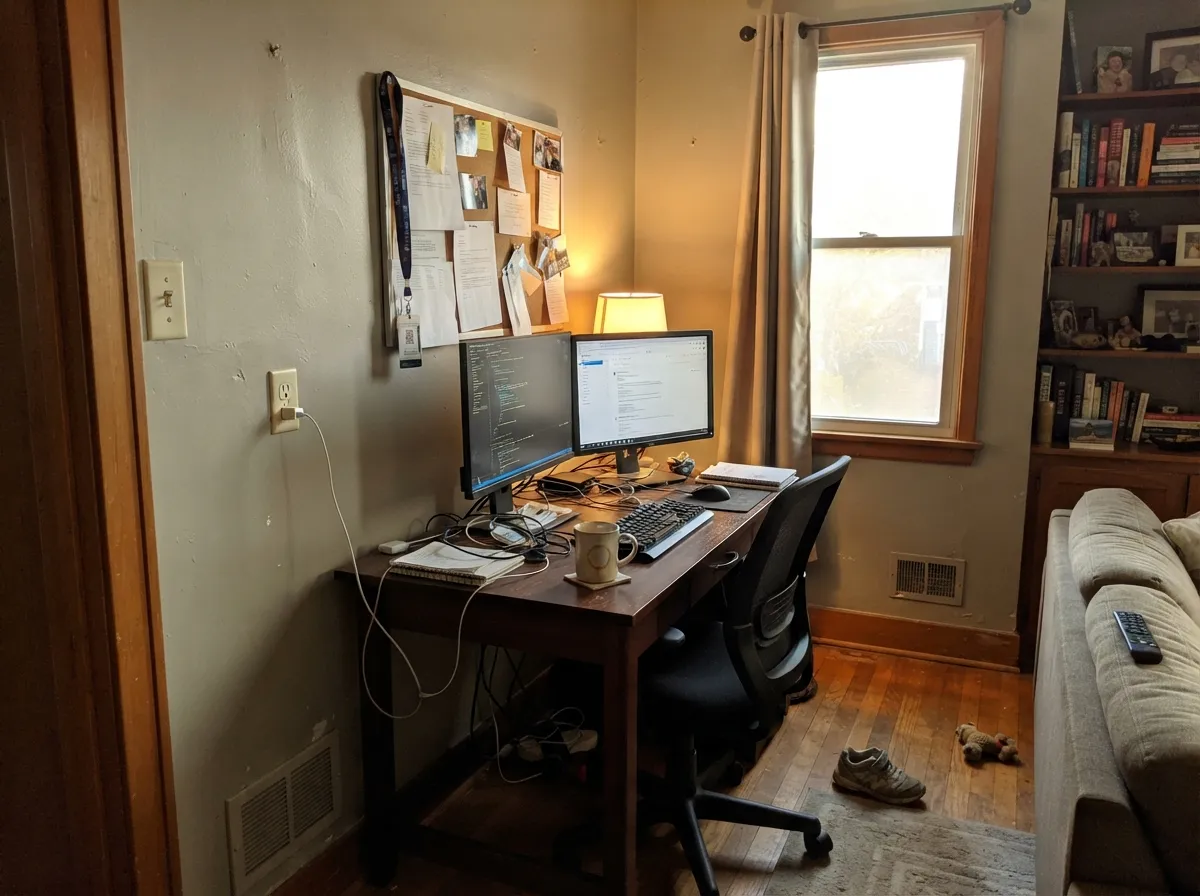 In a west-lit office it reads as a calm, grown-up taupe — steady on video calls, never cold.