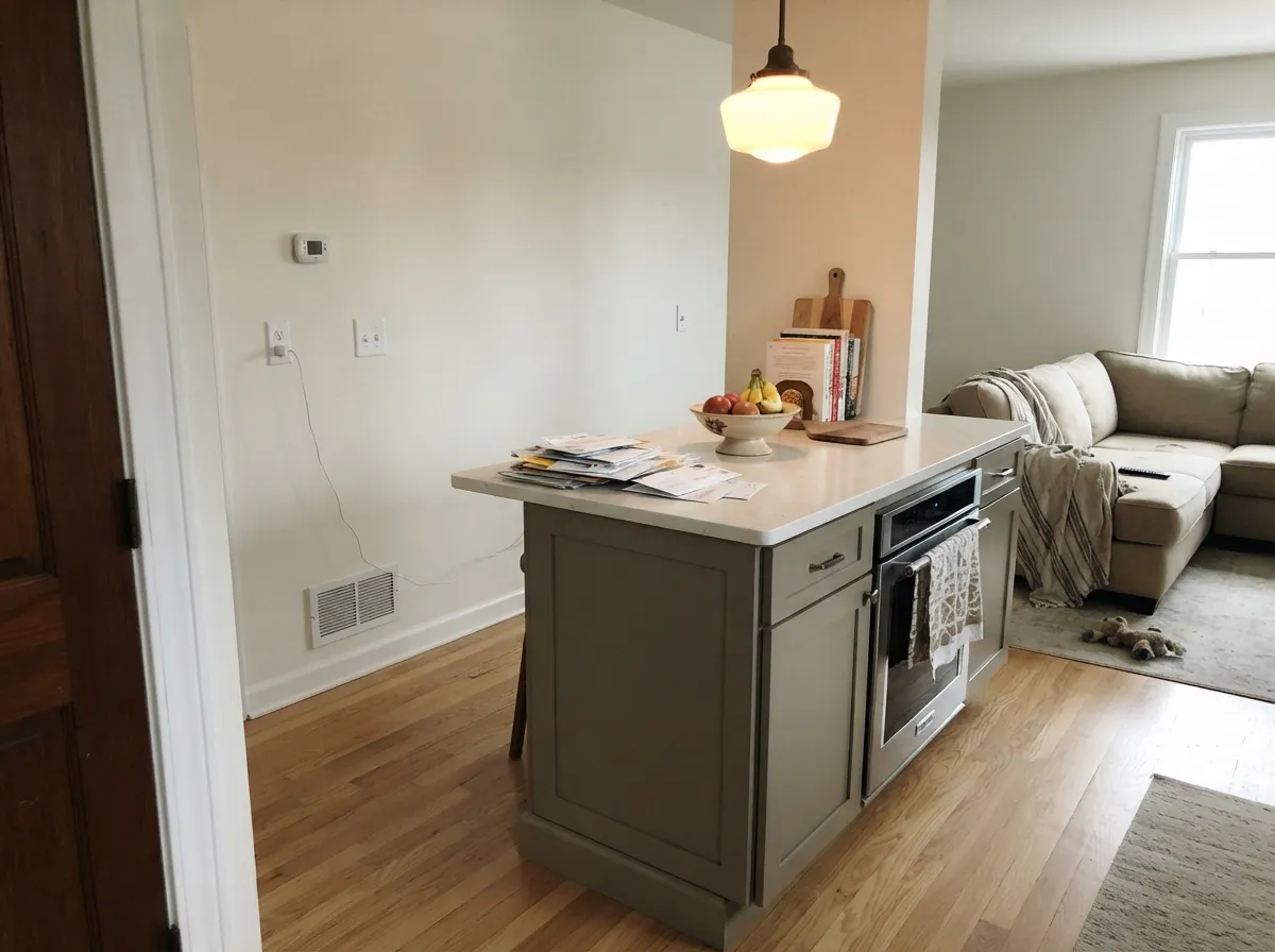 Against white counters and warm pendant light, the island reads custom, not builder-grade.