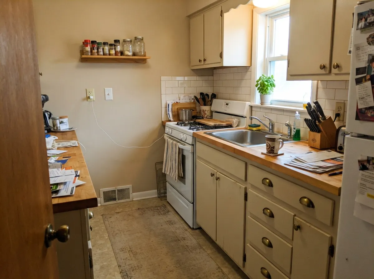 Its best pairing: warm wood and brass. The cream cabinets look intentional, not dated.