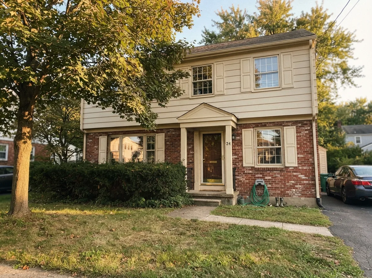 On an older brick home the warm cream trim softens the facade instead of glaring against it.