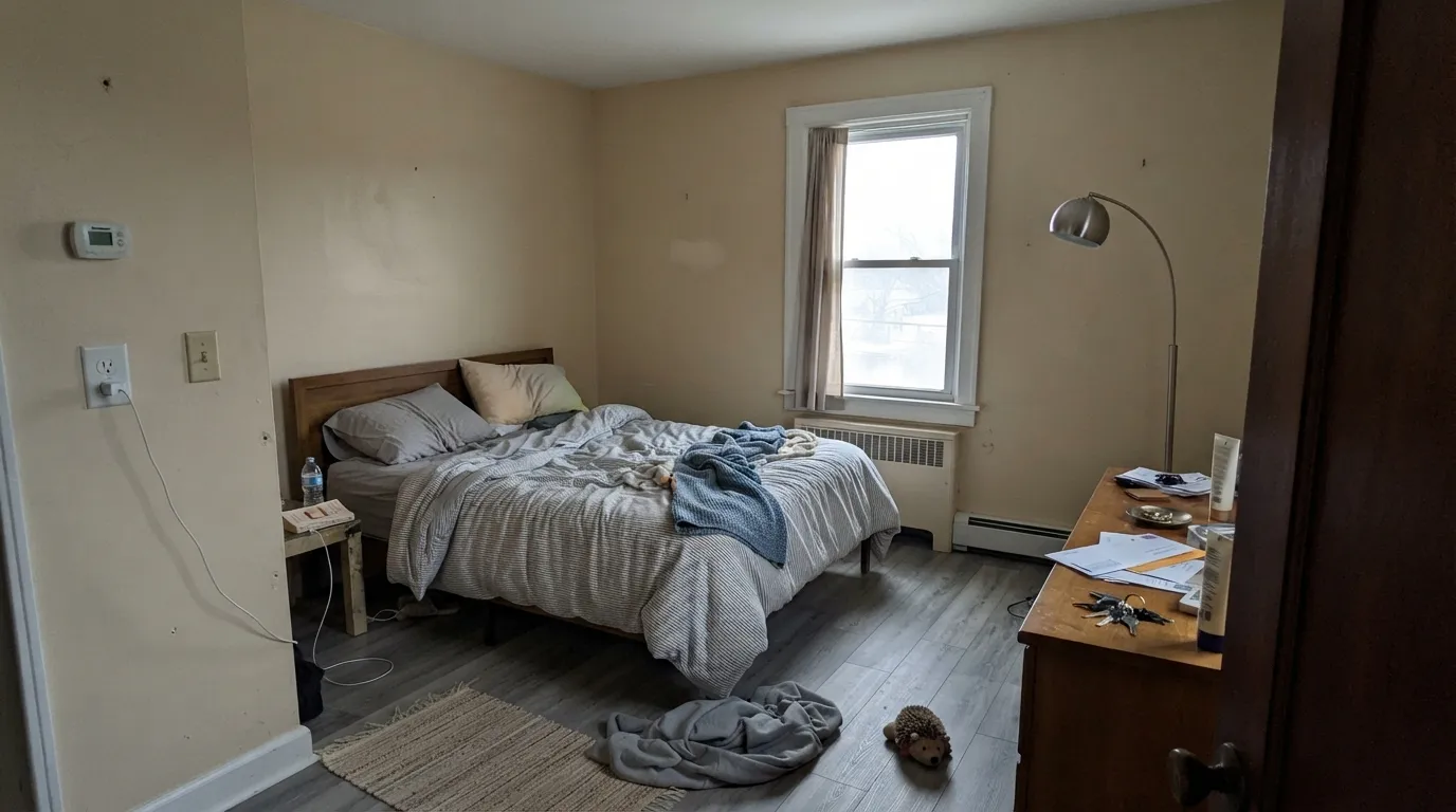 The honest shot: cool gray flooring and flat north light turn the warm cream slightly dingy — the exact combination behind most of its bad reviews.