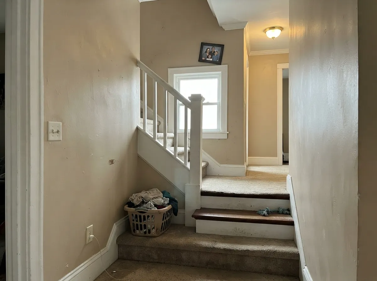 Stairwells and halls are where a mid-depth neutral pays off — deep enough to look intentional, warm enough to stop the space feeling like a corridor.