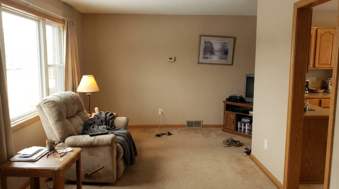 The honest shot: with oak trim, tan carpet and a beige sofa already in the room, Best Beige joins the mush instead of fixing it — the tan-on-tan rental look people regret.
