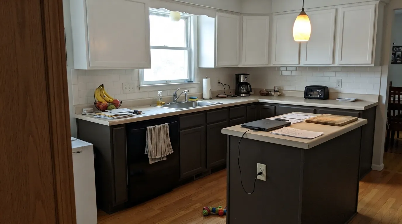 Black Magic on the island against Delicate White walls — real daylight lifts it into a soft charcoal, not a flat void.