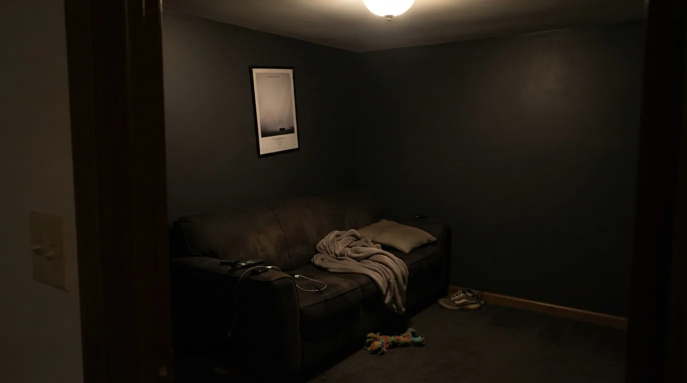The honest shot: four walls, no real light. The warmth that makes Black Magic work on a cabinet or door disappears, and the room just reads flat and heavy.