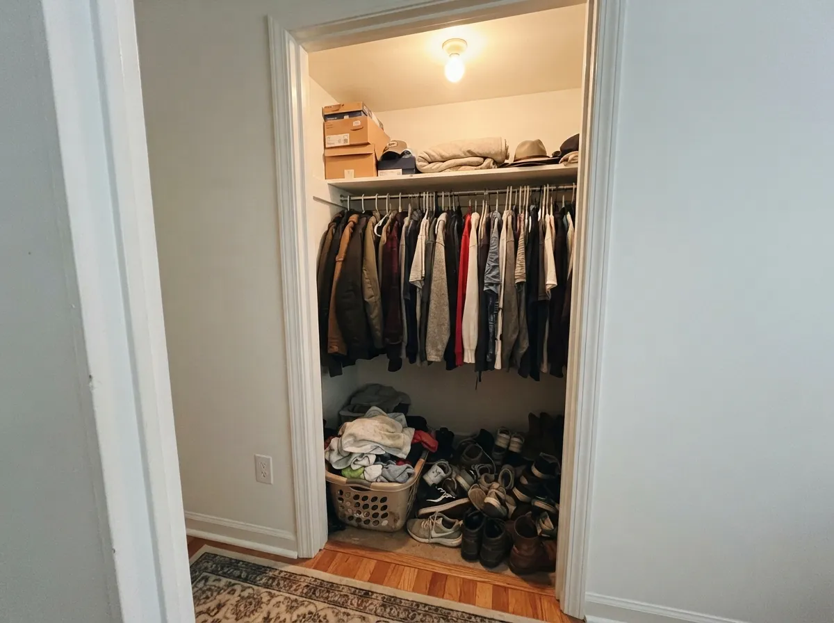 One bulb, no window: at LRV 88 with no undertone, the closet stays bright and the clothes keep their real colors.