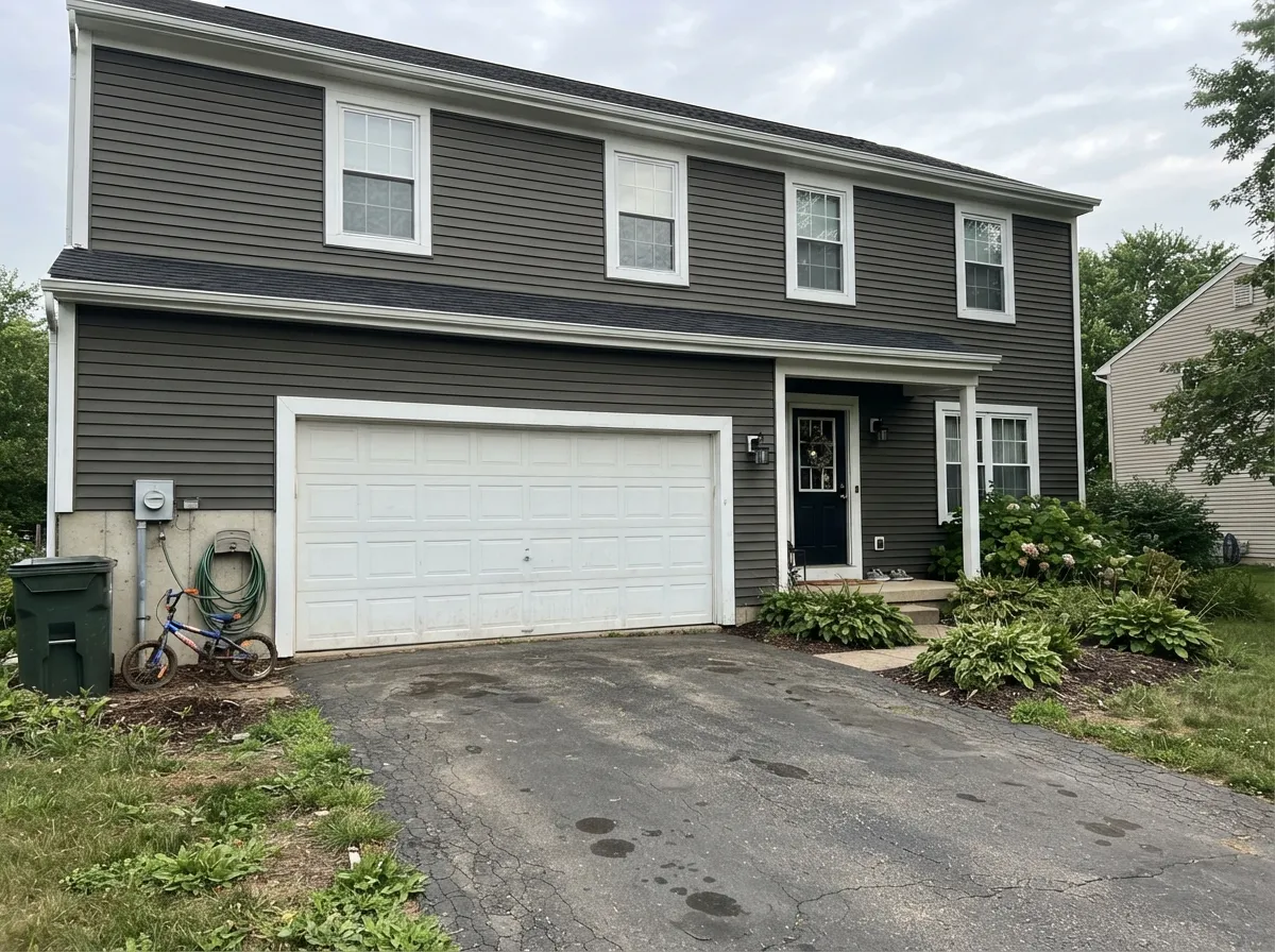 Against a dark body, a Delicate White garage door and trim read as deliberate architecture instead of leftover builder white.