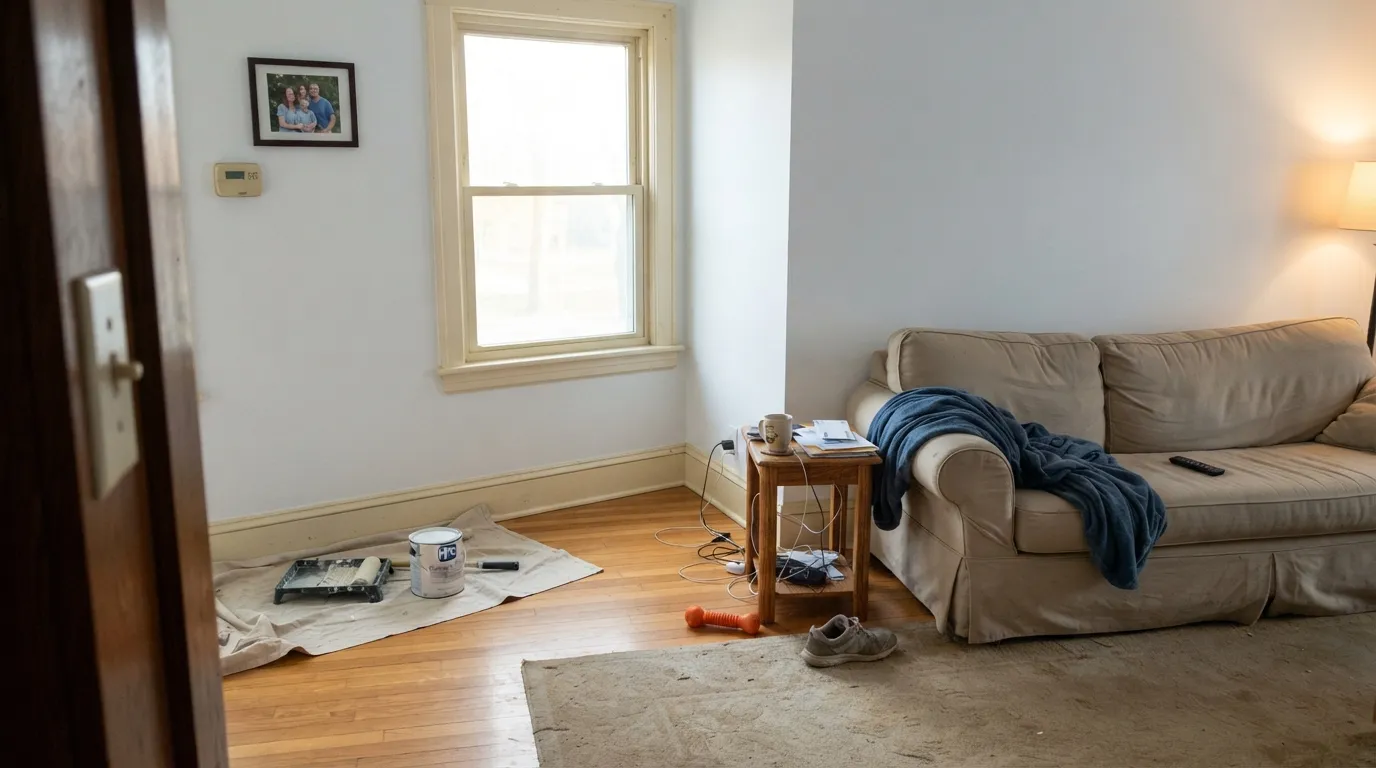 The honest shot: over honey oak and beside cream trim that stayed, the neutral white goes cold and makes the old trim look dirty — the most common regret with this color.