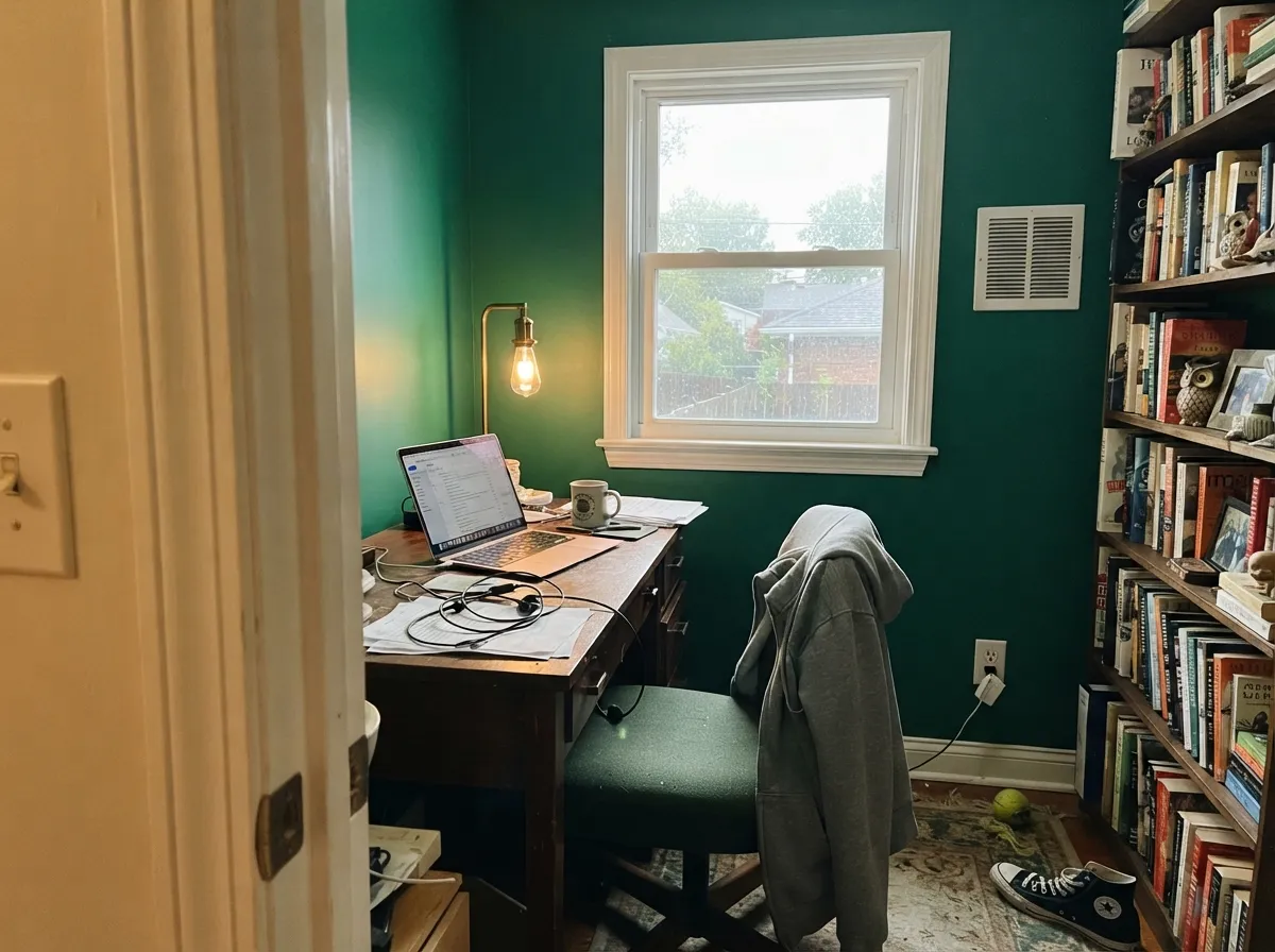 Club-green territory: a closed study with a window and a lamp, deep wood and brass, the color holding emerald instead of teal.