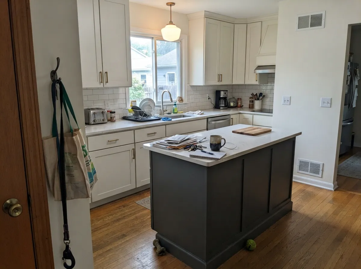 On the island, the cool undertone keeps the color from arguing with the quartz — no brown or green cast fighting the veining.