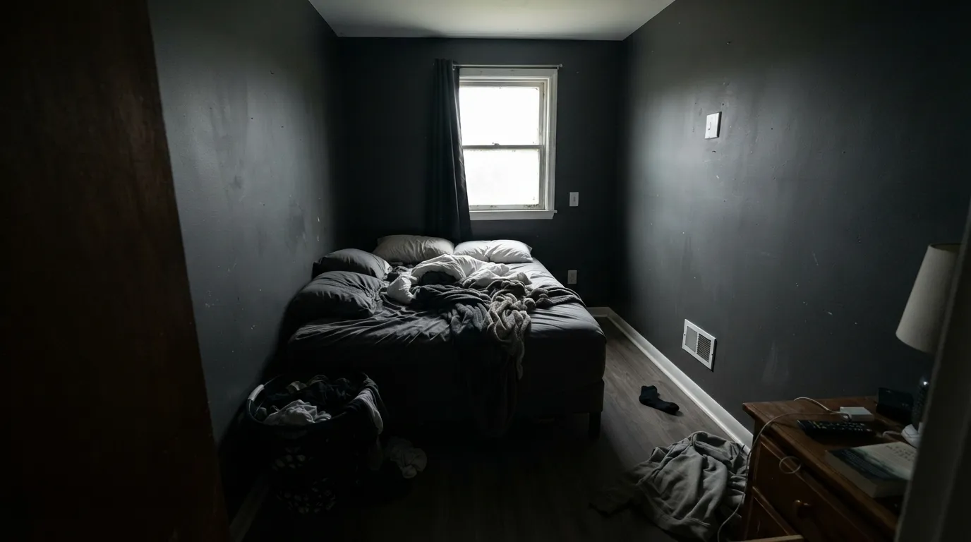 The honest shot: no daylight, no lamps, four walls — LRV 11 gives back almost nothing and the room goes cave-dark. This is the mistake behind every bad review.