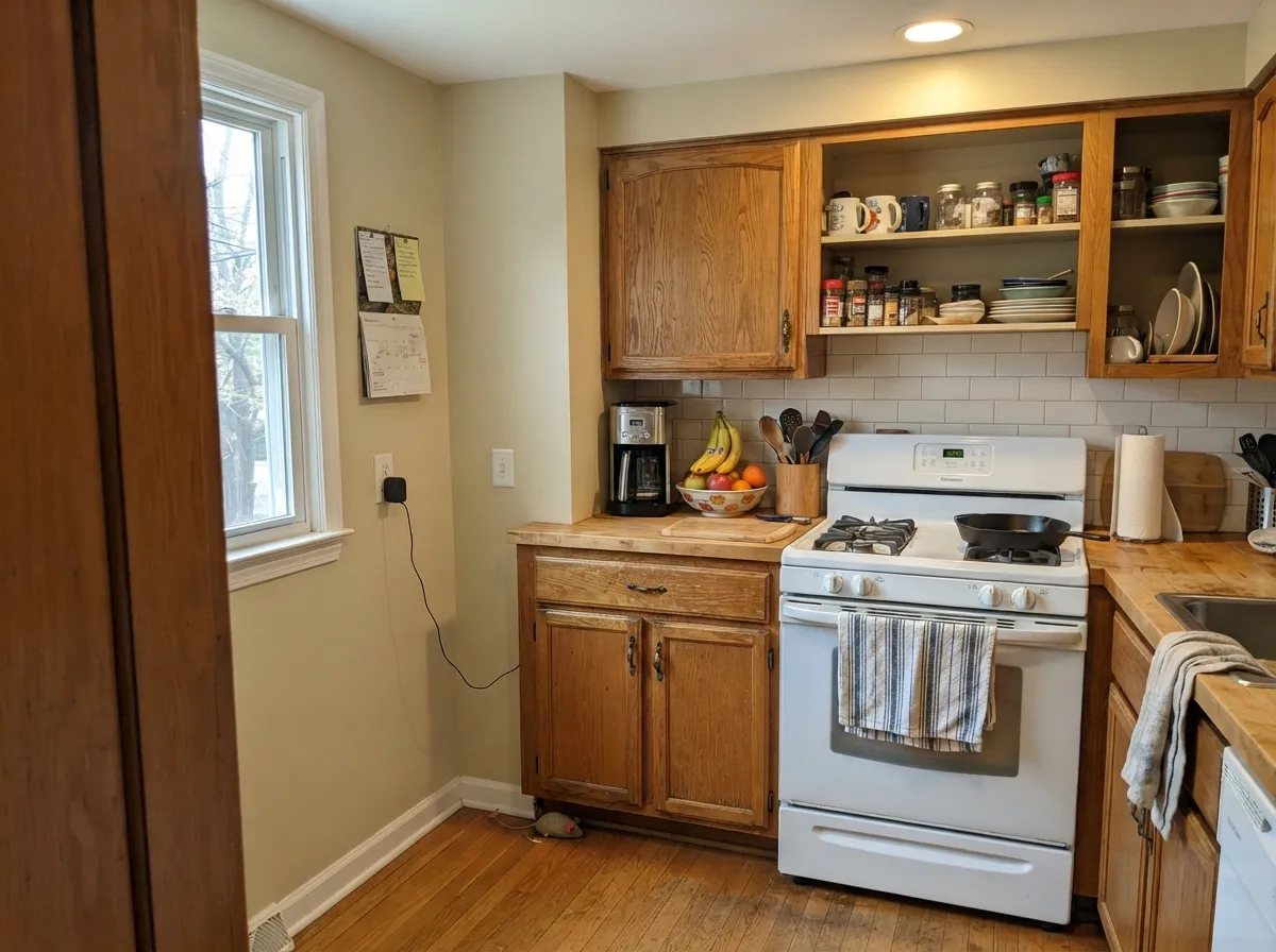 With warm oak cabinets and butcher block it reads calm and finished, never competing with the wood.