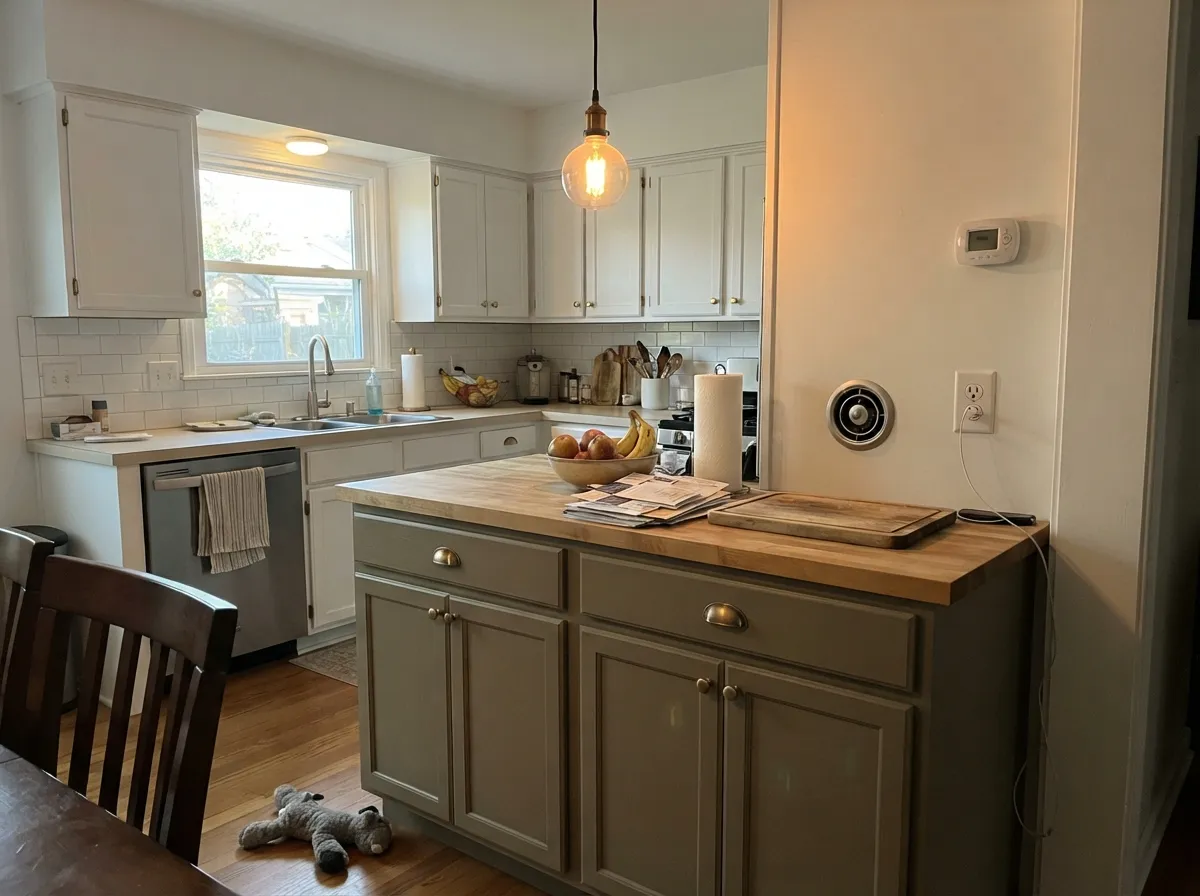 Its best interior job: an island under warm light, next to butcher block and brass.