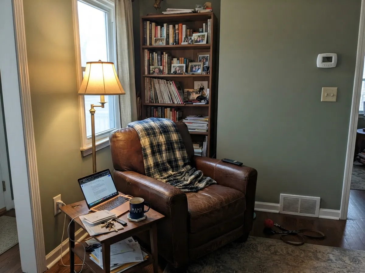 With walnut, leather and warm lamp light, the olive reads rich instead of murky.