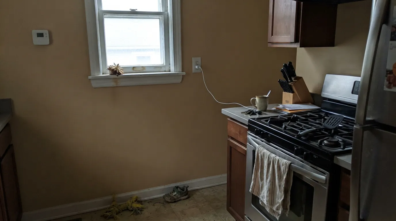 The honest shot: cool north light and cool gray quartz together drain the warmth out — the two complaints behind almost every disappointed review.