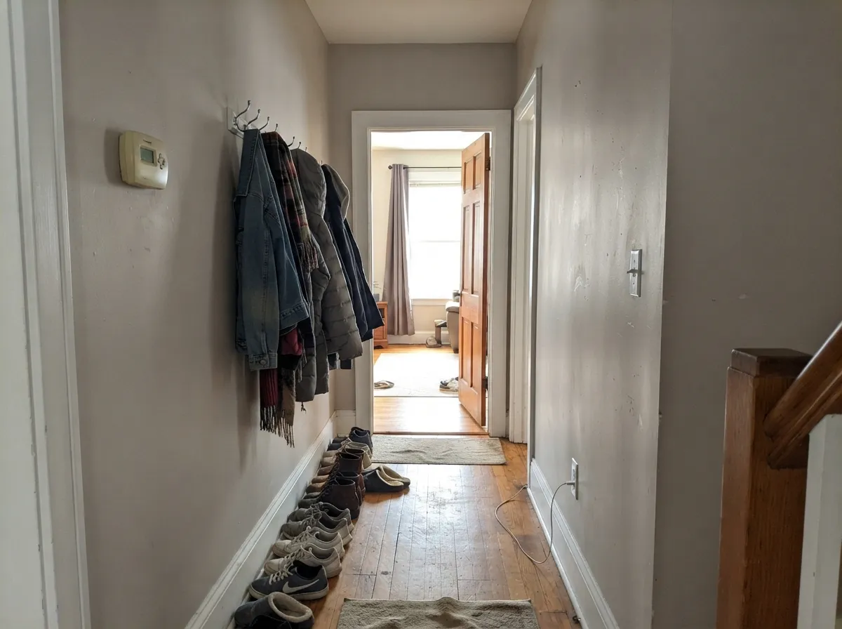 The whole-house test — with no window of its own the hallway still holds a recognizable warm gray instead of collapsing to flat gray.
