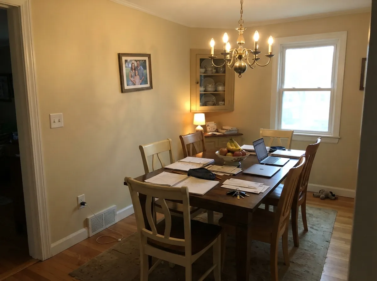 In lamplight the gold comes forward — Ancestral turning a Tuesday dining room candlelit without going nursery-yellow.