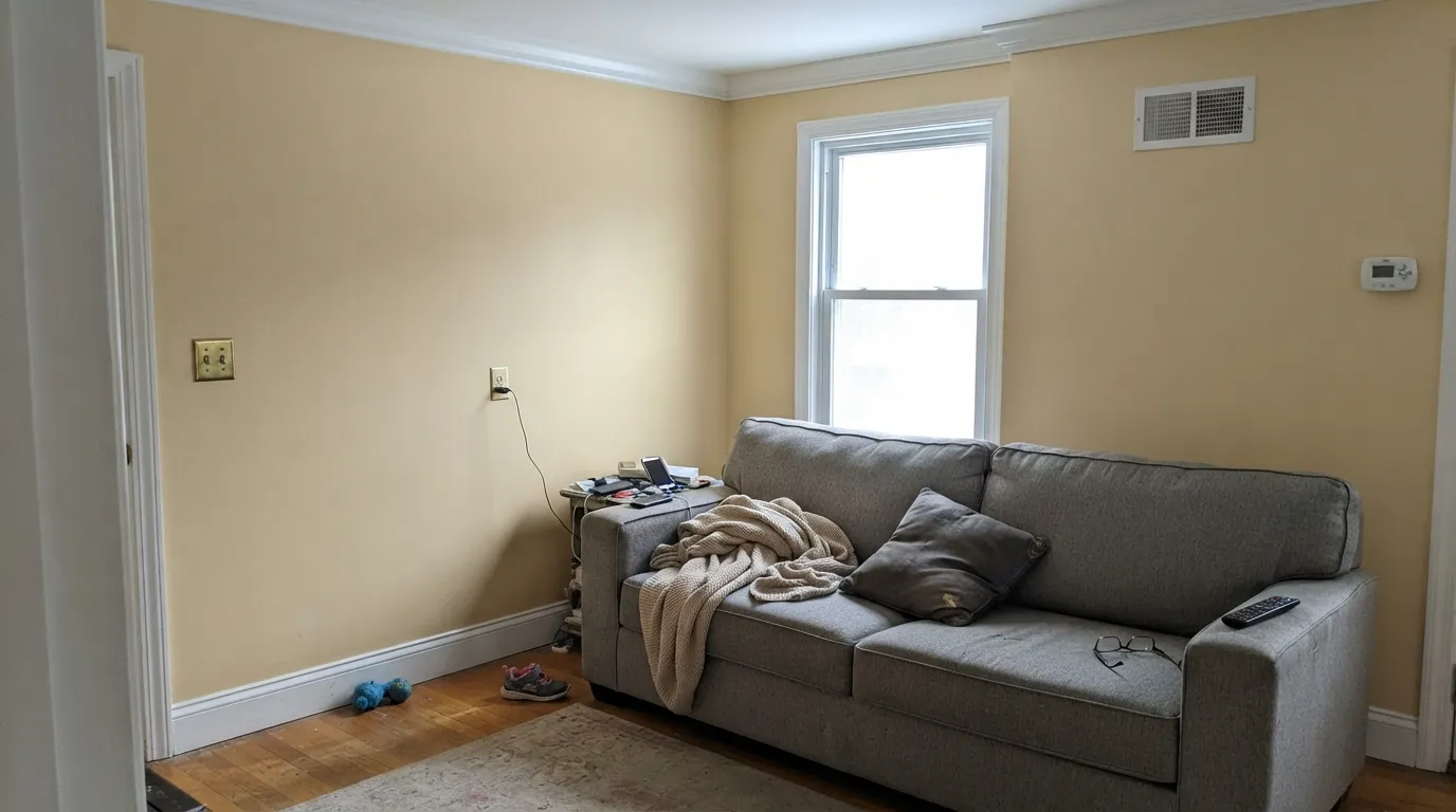The honest shot: Ancestral next to a brighter white trim in cool north light looks yellow and unwashed — the pairing mistake behind most cream regrets.