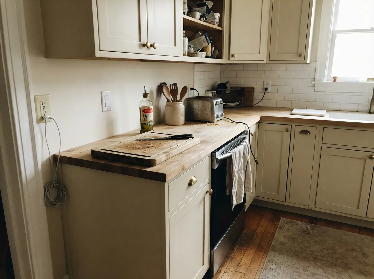 Satin Antique White on cabinets with brass and butcher block — the cream hides knuckle marks a brighter white would broadcast, and it reads like painted furniture.