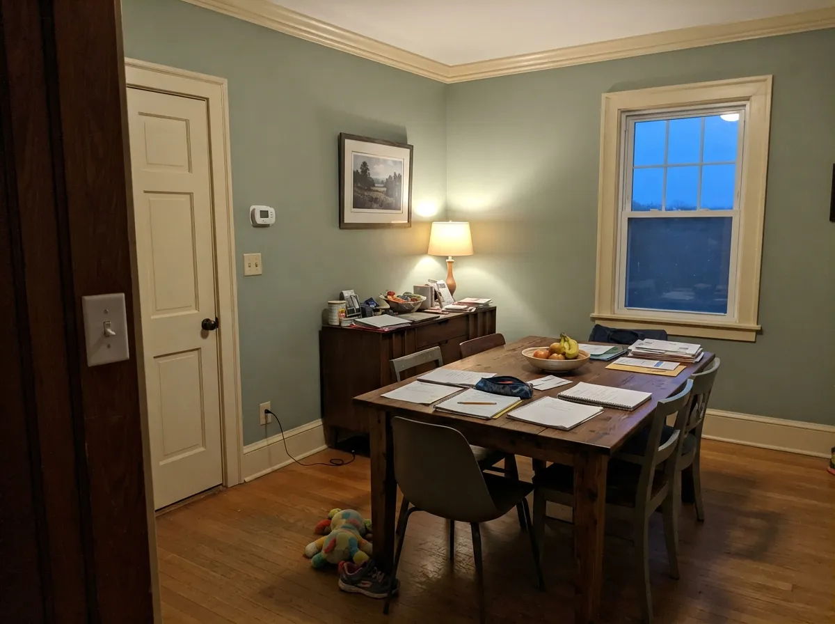 Antique White millwork against Saybrook Sage — the traditional dining-room pairing, cream trim looking finished rather than bright.